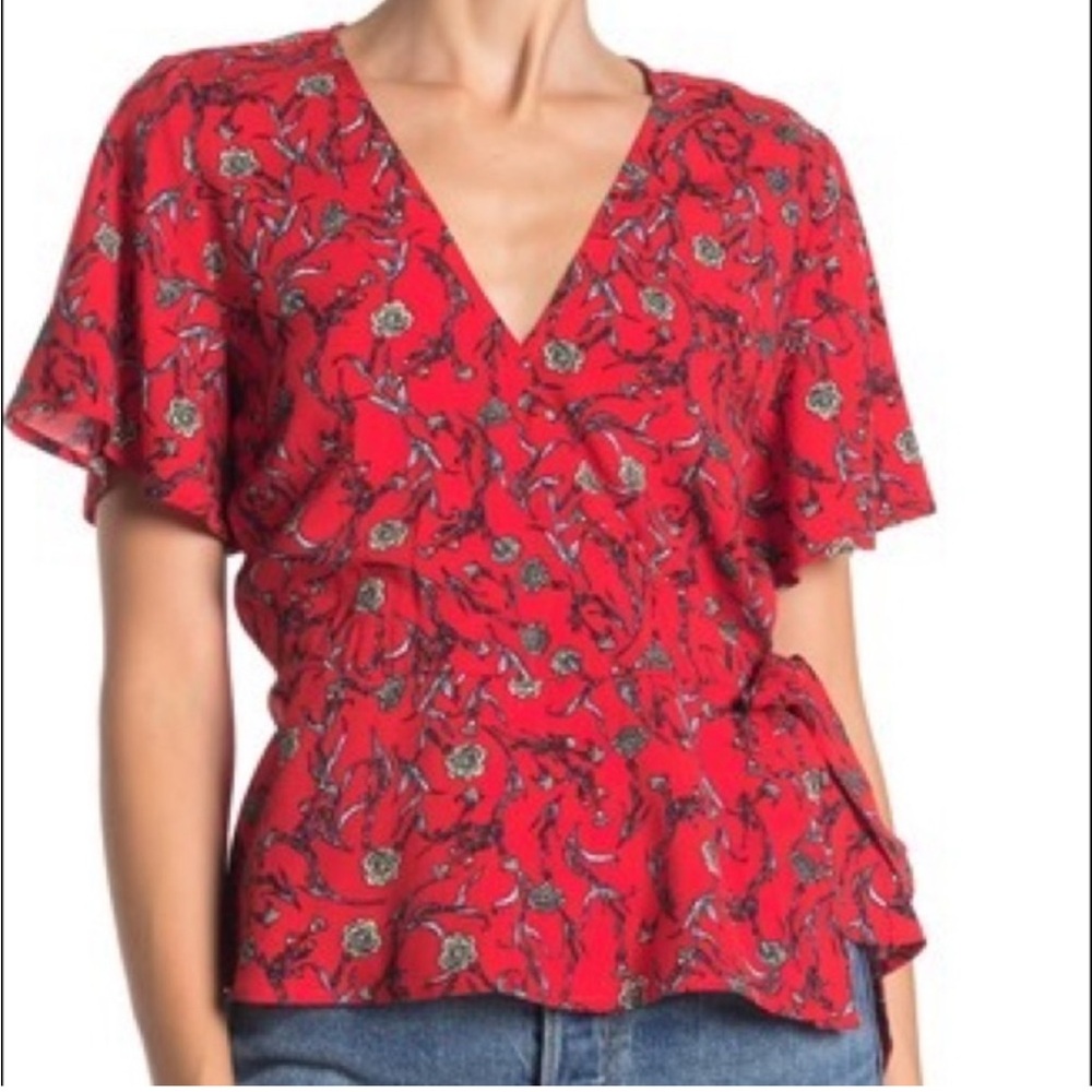 NSR Fluttter sleeve red floral wrap top size XS